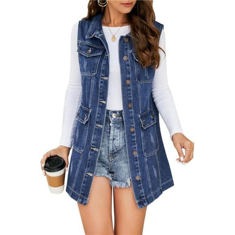 Womens Casual Button Up Sleeveless Denim Jean Mid Long Vest Gilet Jacket